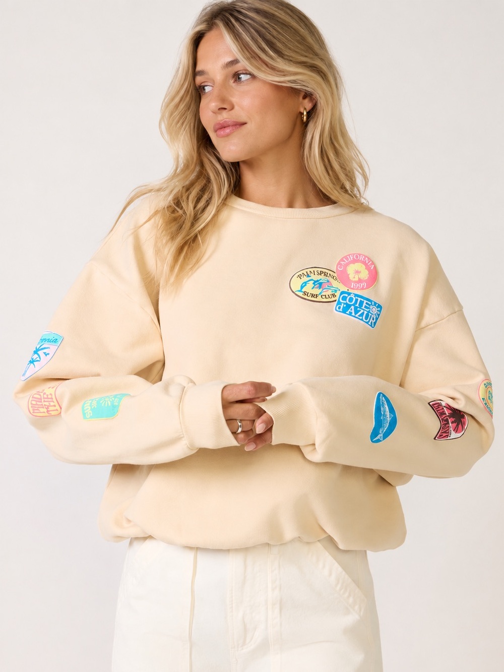 NWOT DAYDREAMER Destination Patches Oversized Crew | Cream MSRP $128 Size XS